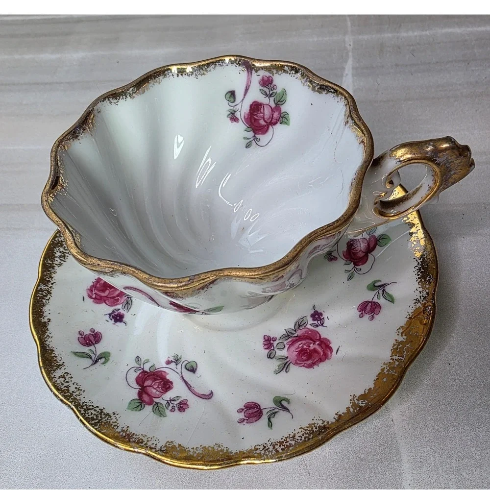 Vintage Footed Porcelain Teacup and Saucer Set Pink‎ Roses Gold Gilt Swirl Trim